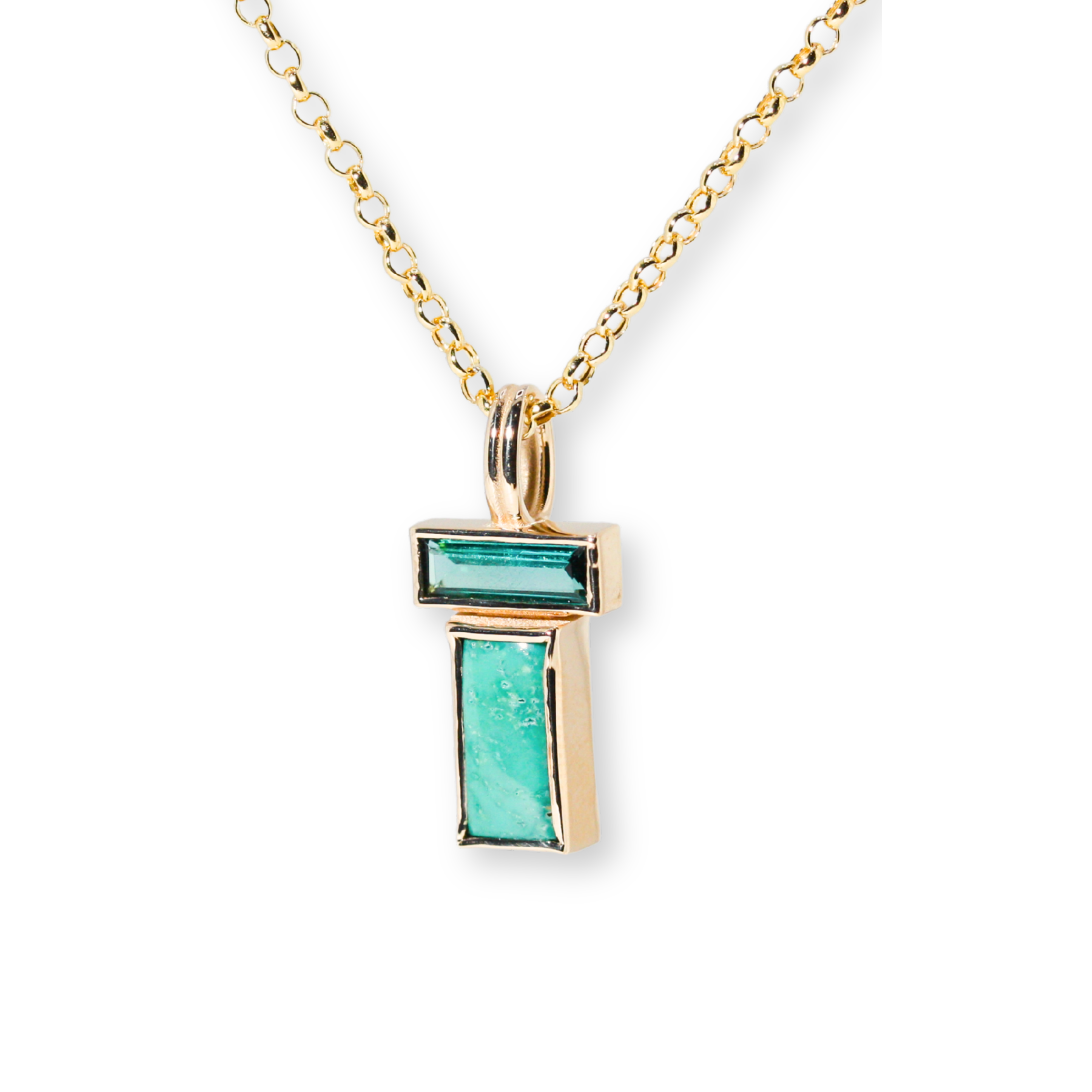 Stacked Geo Tourmaline and Turquoise Charm Necklace